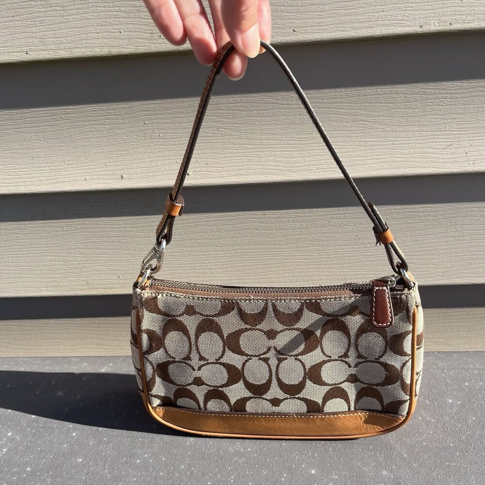 Vintage Coach Demi 6094 Shoulder Bag Signature Jacquard Tan Brown Leather Y2K